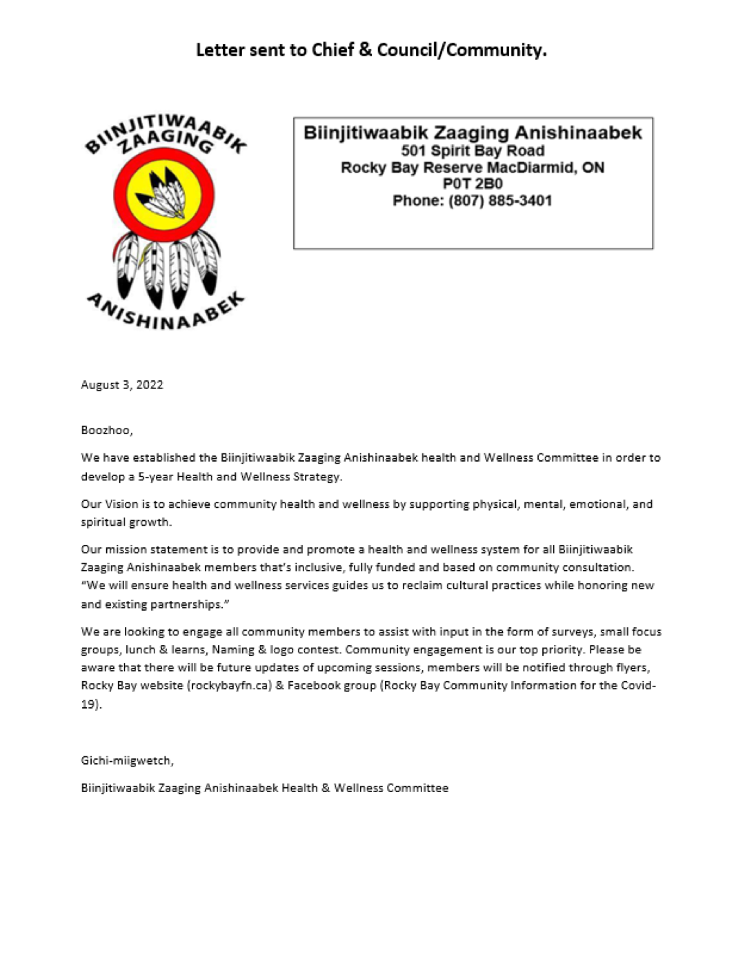Letter from the Health and Wellness Committee to Chief and Council and the community, August 3, 2022